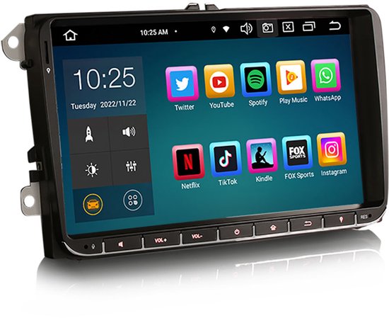 Touchscreen autoradio met datum, tijd, en apps zoals Twitter, YouTube, Spotify, Netflix.
