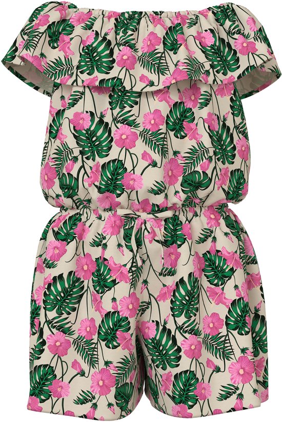 Playsuit met ruches aan de halslijn, korte mouwen en tropische bloemenprint.