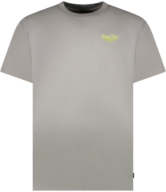 Grijze t-shirt met korte mouwen en 'Sunny Waves Collective' opdruk.