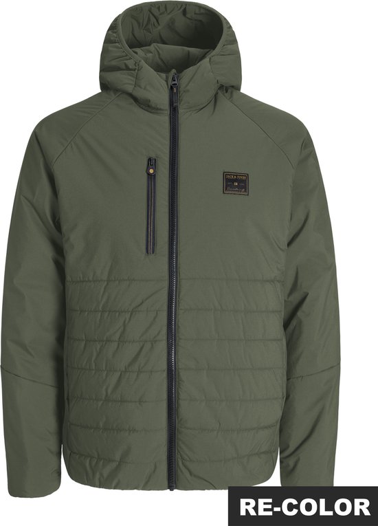 Groene JACK & JONES hybride jas met capuchon en zwarte ritsen. Op de linkerborst een klein ritsvakje en een logo patch.