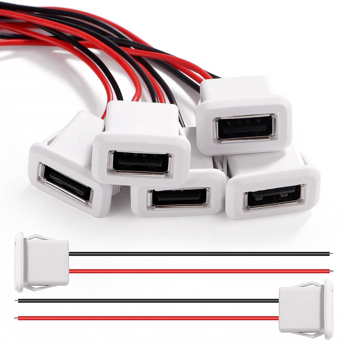 Image of 5-Pack USB Vrouwelijk Snel Opladen Aansluiting - 2 Pins Type A - Wit met Klikgroef - 100 mm 22 AWG Draden