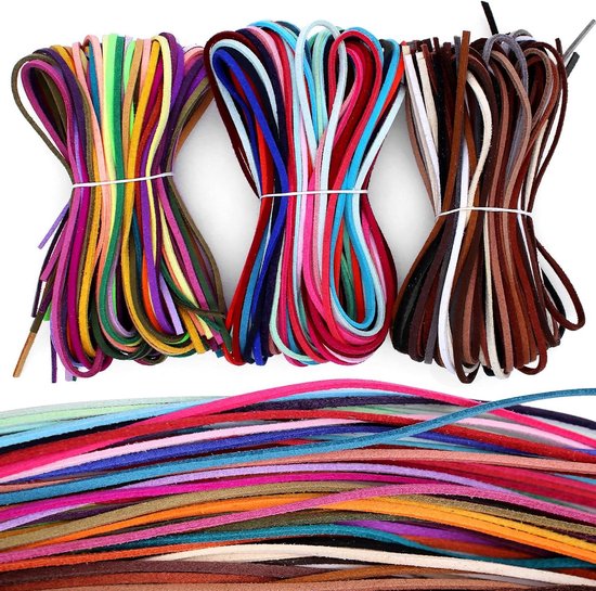 60 stuks 60 m 60 kleuren leren band, 3 mm leren band, kettingen met 100 sluitingen, 50 karabijnsluitingen en 100 buigringen, knutselen, leren banden voor doe-het-zelf sieraden, armbanden, handwerk