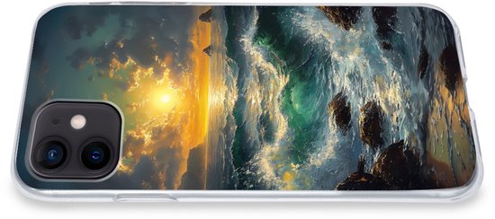 Telefoonhoesje Geschikt voor iPhone 12 hoesje - Zee - Zon - Golven - Rotsen - Siliconen Telefoonhoesje Telefoonhoesje