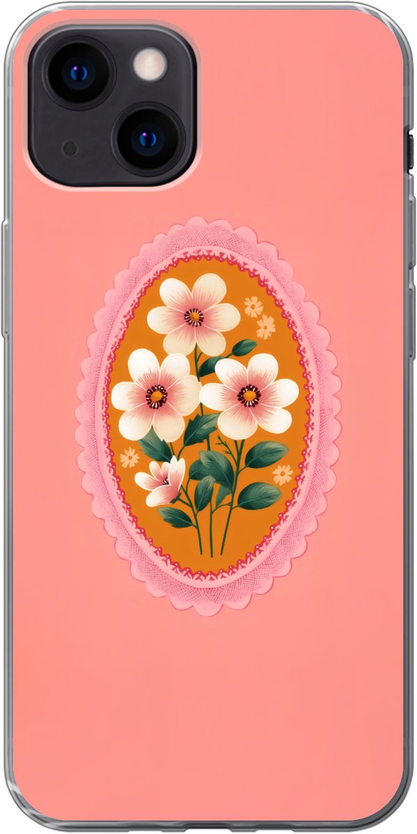Telefoonhoesje Geschikt voor iPhone 13 mini hoesje - Illustratie - Bloemen - Rand - Roze - Siliconen Telefoonhoesje Telefoonhoesje