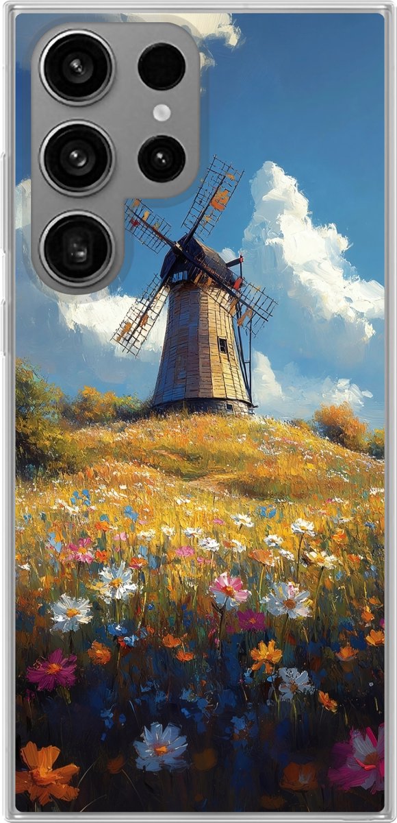 Telefoonhoesje Geschikt voor Samsung Galaxy S23 Ultra hoesje - Windmolen - Heuvel - Bloemen - Kleurrijk - Siliconen Telefoonhoesje Telefoonhoesje