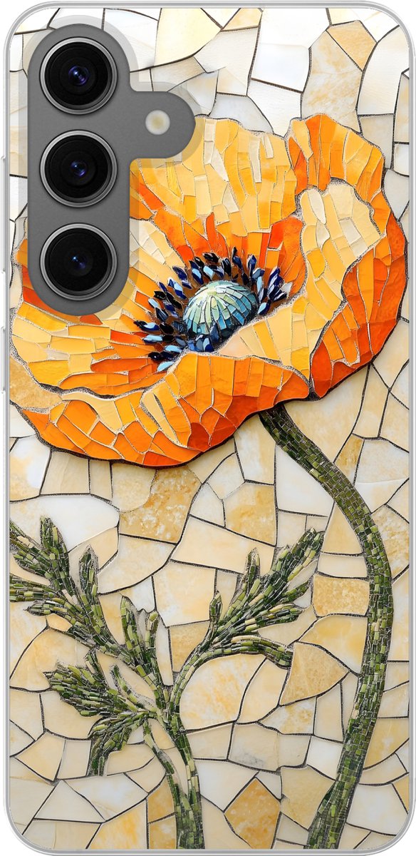 Telefoonhoesje samsung Galaxy S24 hoesje - Klaprozen - Oranje - Mozaïek - Bladeren - Siliconen Telefoonhoesje Telefoonhoesje