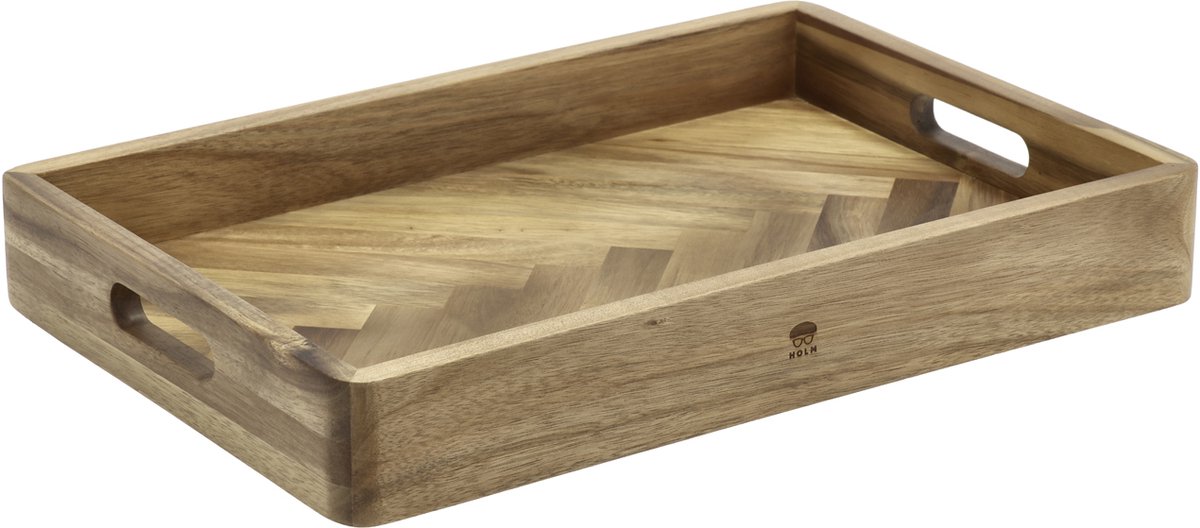 HOLM Houten Dienblad – Serveerblad met Handgrepen & Hoge Rand – Visgraatpatroon – Ideaal voor Ontbijt, Snacks & Drankjes – Acaciahout – FSC Gecertificeerd – 45,7 x 30,5 x 6,3 cm – Hout