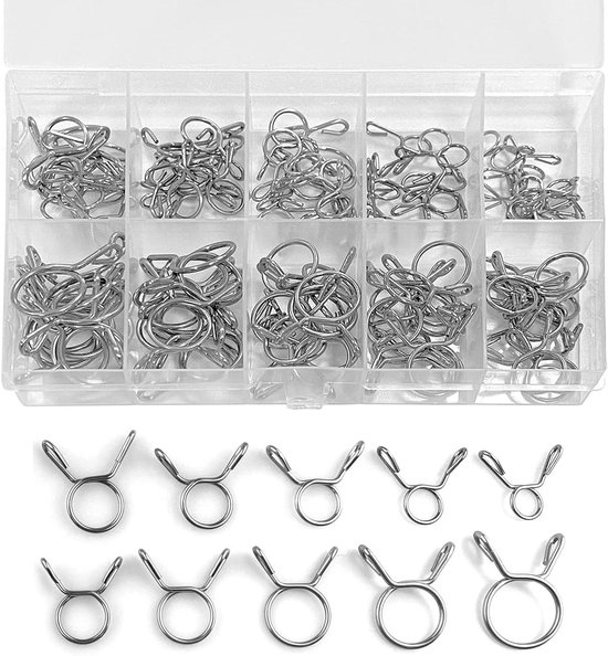 Veerslangklemmen set - 150 stuks, 7 maten variërend van 15-22 mm Veerslangklemmen set - 150 stuks, 7 maten variërend van 15-22 mm