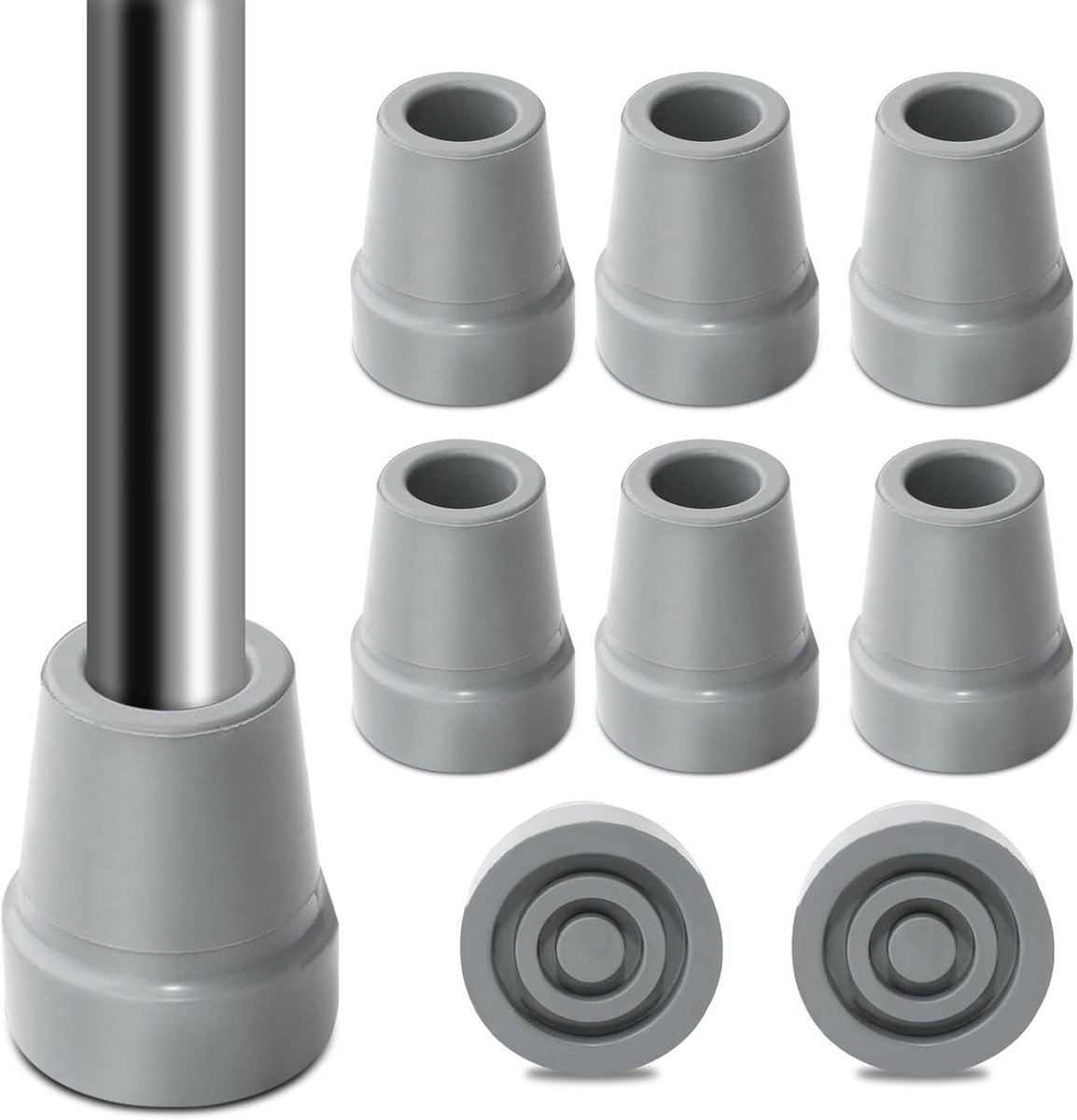 Allecto Plus - Rubberen buffers voor wandelstokken, 8 stuks - Antislip - Brede basis - Senioren - Grijs