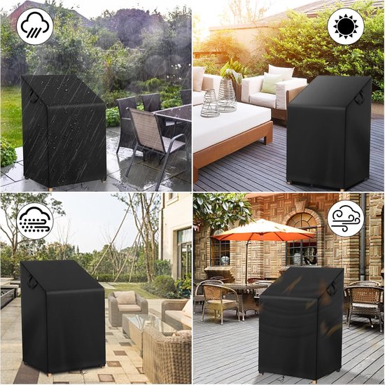 Zwarte stoelhoes op een terras met stoelen, beschermt tegen regen, zon, sneeuw en wind.