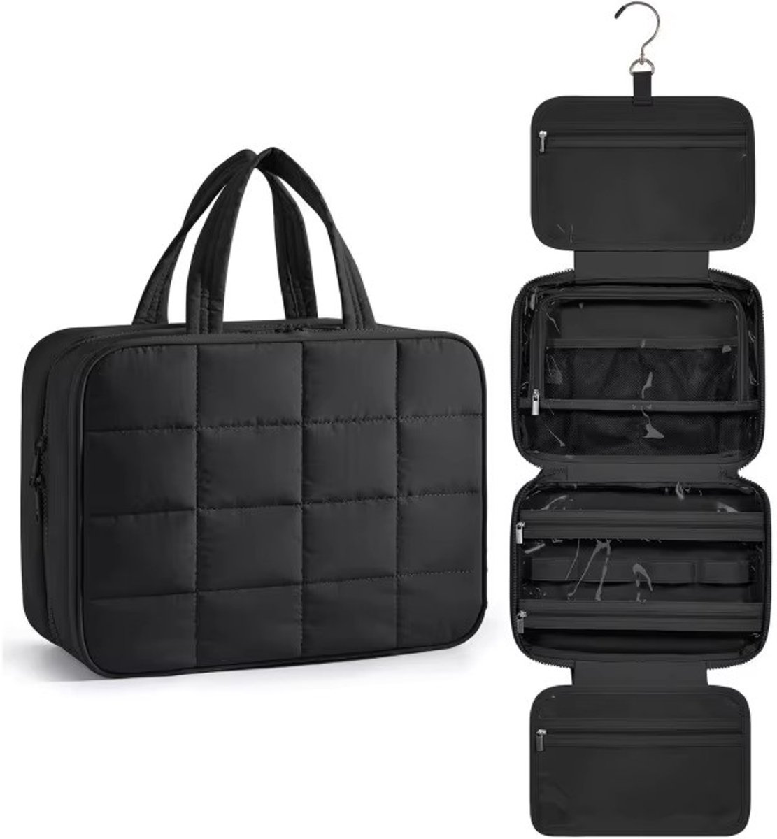 CUBEXCOM® Toilettas Ophangbaar, Make-Up Tasje met Haak, Maat L, Grote Make Up Koffer, Beautycase, Toilettas Dames, Make Up Tas Organizer, Make Up Etui, Beautycase Koffer, Toilettas voor op Reis met Draaggreep en Haak, Waterdicht, 23x32x10 cm, ZWART