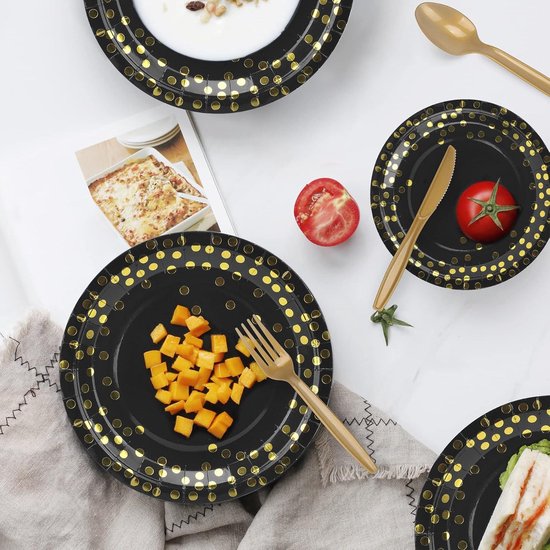 Party Tableware Cutlery Set Black-Gold Cardboard Paper Plates Forks Knives Spoons Cups Straw Napkin Tablecloth for Wedding Camping 25 Guest - 202 Pieces — afbeelding 3