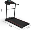 Zwarte loopband met afmetingen 112 cm hoog, 128 cm lang en 66 cm breed.