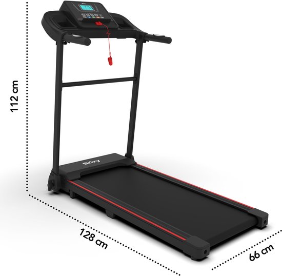 Zwarte loopband met afmetingen 112 cm hoog, 128 cm lang en 66 cm breed.