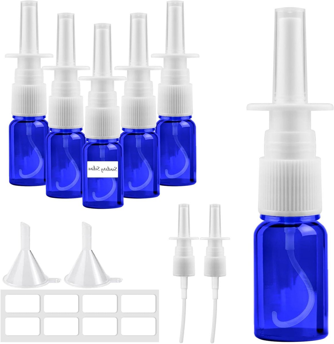 Allecto Plus - Glazen Neusspray Flesjes 6 Stuks 10ml Blauw Leeg Navulbaar Met Labels - Perfume Essentiële Oliën - Saline