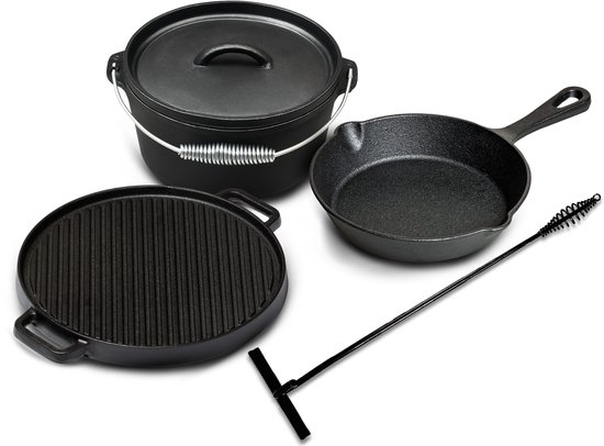 Blackwell Dutch Oven BBQ set Gietijzer - Braadpan + Lifter, Koekenpan ø 20 cm & Grillplaat ø 30 cm - 4 Delig