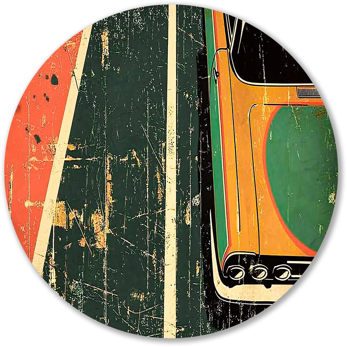 Retro auto op kleurrijke achtergrond - Auto wanddecoratie rond - Ronde wandprint voertuig - Pop Art - Decoratie muurcirkel Forex - Metalen wanddecoratie - muurcirkel forex 50x50 cm