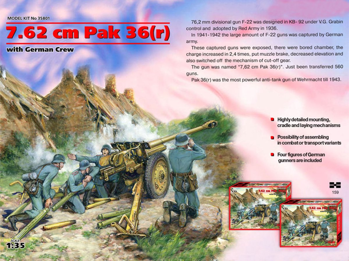 ICM Modelbouwpakket Militaire voertuigen - 35801 76,2 CM Pak 36(r) with German crew Plastic - 1:35 - Modelbouw