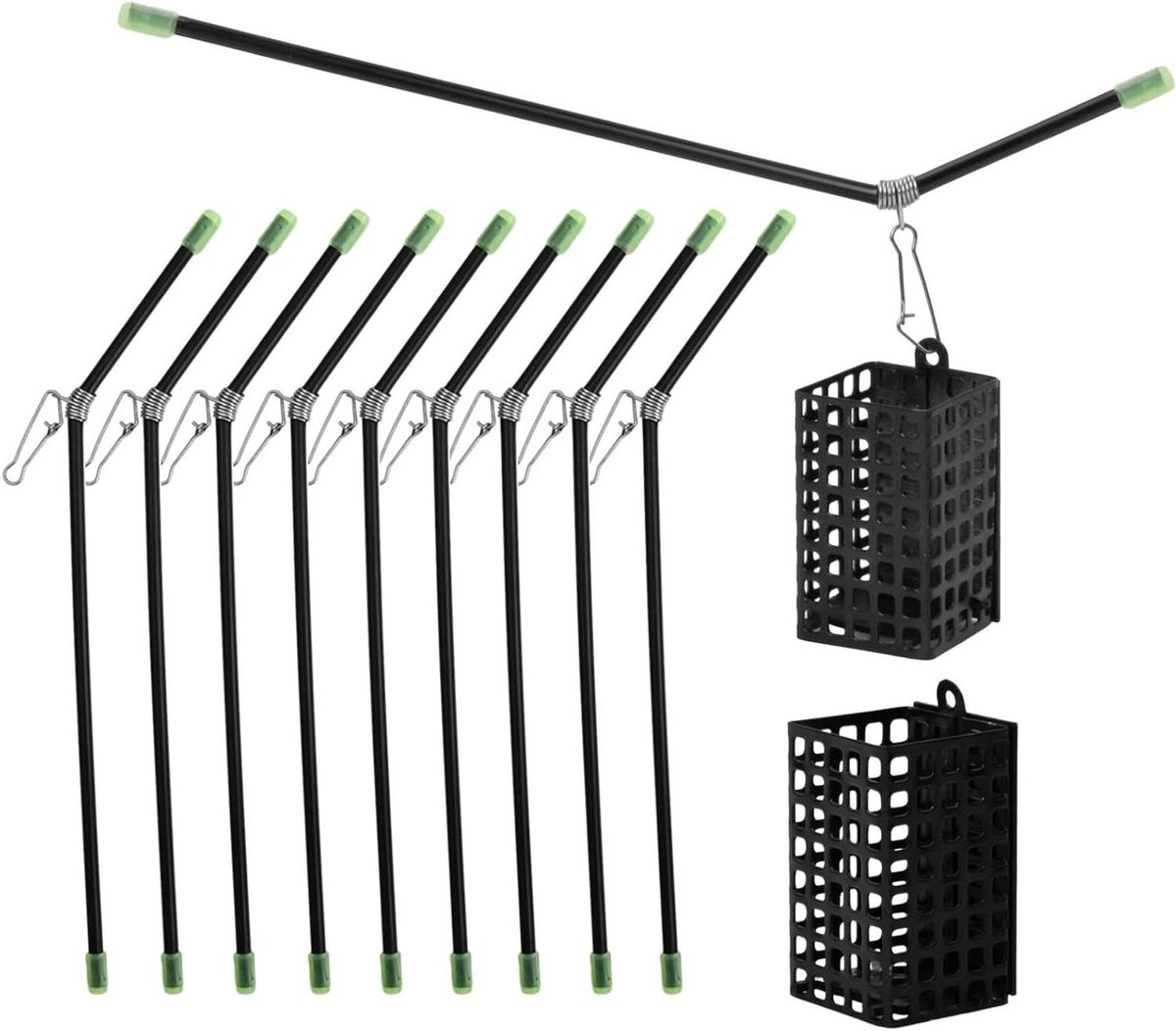 Allecto Plus - 10 stuks Anti Tangle Boom met 2 x 30 g Metalen Voedermandjes - Visaccessoires voor Zoetwatervis - Met Wervelring - 20 cm lang