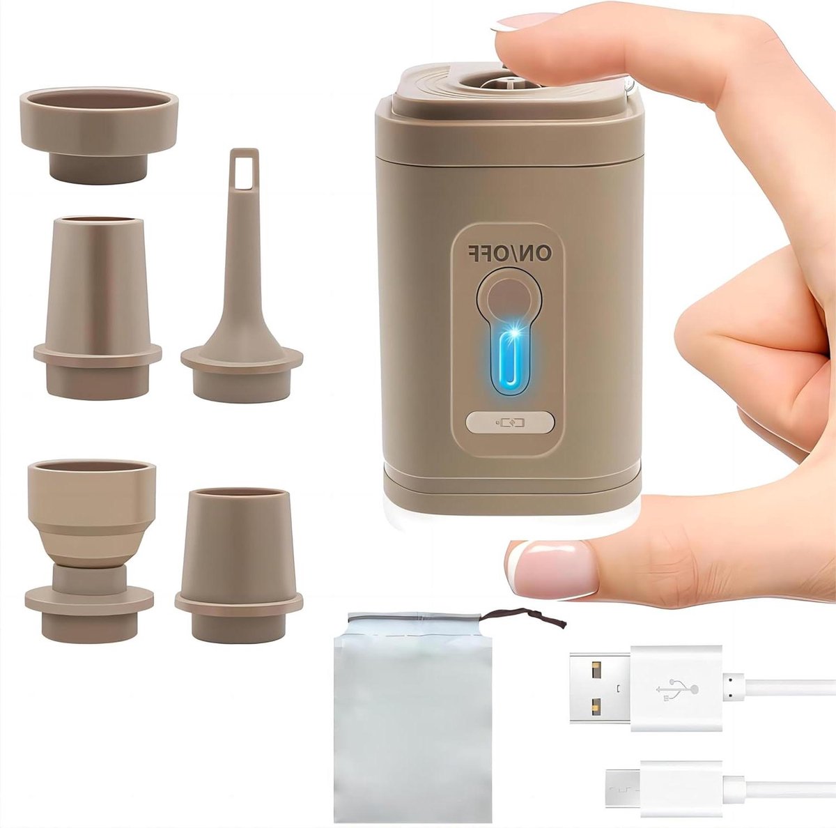 Allecto Plus - Elektrische luchtpomp voor opblaasbare producten met LED-verlichting en oplaadbare batterij - Ideaal voor matrassen en camping - 5 sproeiers - 2-in-1 functie