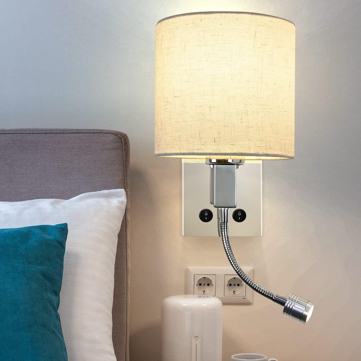 NETTLIFE Wandlamp stof- E27 Fitting - Beige - 360° draaibaar - Moderne leeslamp - LED Bedlamp - 2W - Rond - met schakelaar - voor woonkamer | Slaapkamer | hal | hotel