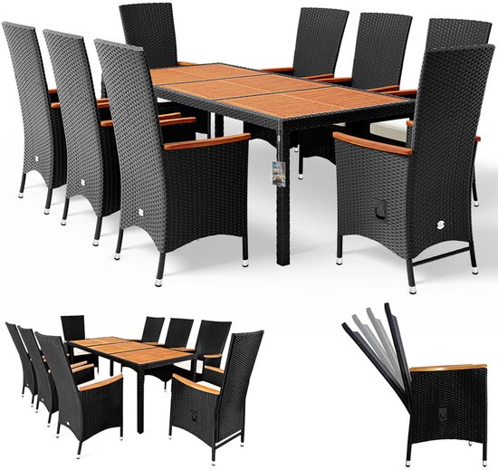 Zwarte polyrattan tuinset met acht stoelen rond een houten tafel. Inzet toont de verstelbare rugleuning.