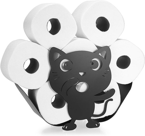 BTSKY Metalen toiletpapierrolhouder - matzwarte toiletpapierhouder in dierenstijl, vrijstaande en wandmontage toiletpapier opslagcontainer voor badkamer, huis, keuken, toilet (kat