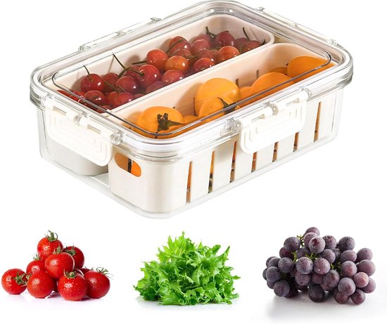 Allecto Plus - Voorraaddozen Vershouddozen Fruit Koelkast Organiser met Deksel en Uitneembaar Afvoermandje voor Keuken Koelkast Kasten en Eetkamer