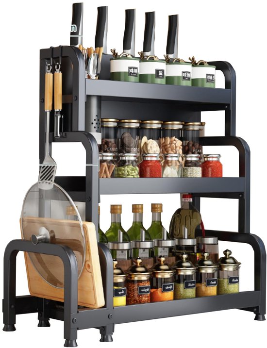 Étagère à épices à trois niveaux avec options de rangement pratiques pour les ustensiles de cuisine