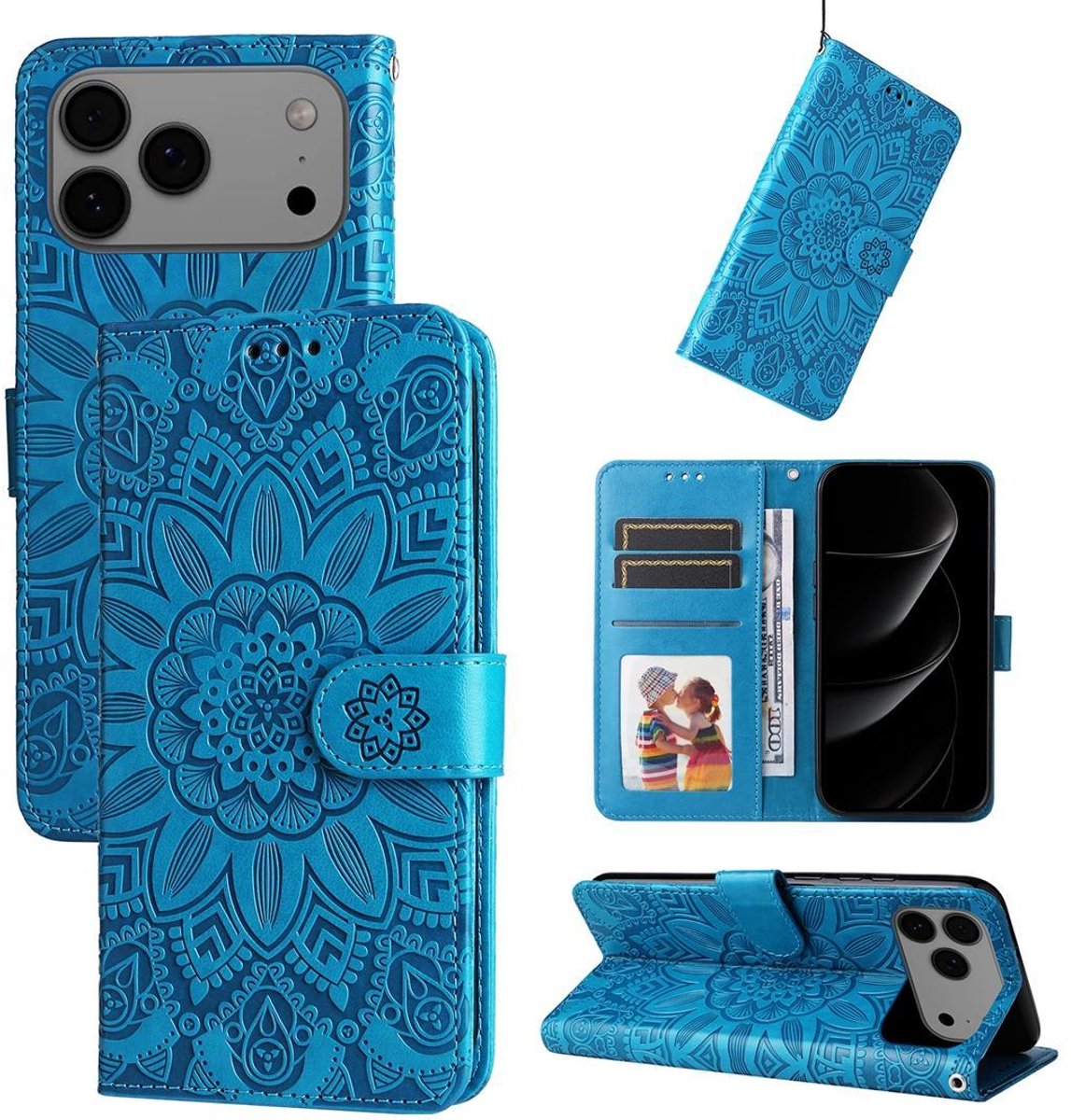 Mobigear Telefoonhoesje geschikt voor Apple iPhone 17 Pro Max Hoesje | Mobigear Sunflower Bookcase Portemonnee | Pasjeshouder voor 3 Pasjes | Telefoonhoesje voor Pinpas / OV Kaart / Rijbewijs - Blauw