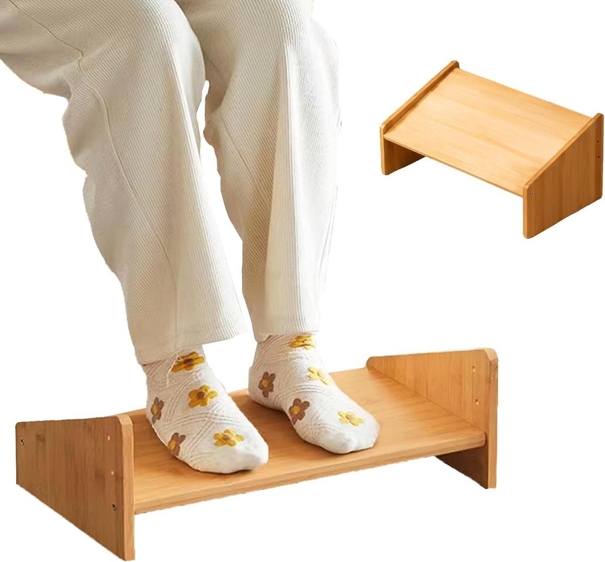 Verstelbare ergonomische voetensteun onder bureau - 3 verstelbare hoogtes - gemaakt van hout - verbetert houding en bloedcirculatie voor thuis, kantoor en onderweg.