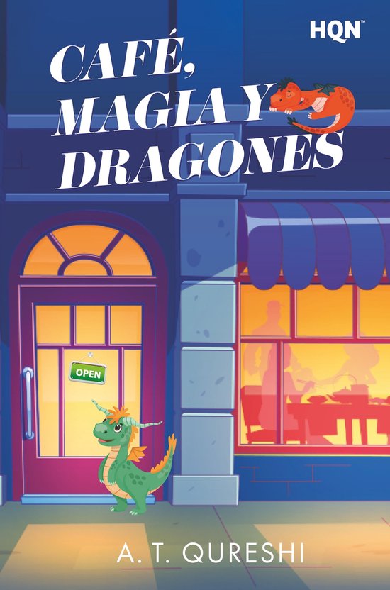Boekcover 'Café, Magia y Dragones' met een groene draak voor een winkel en een rode draak boven het logo.