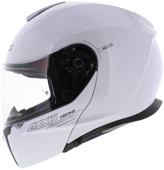 Witte AXXIS systeemhelm met kinband en getint vizier, gezien vanaf de zijkant.