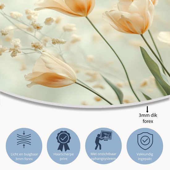 Zacht gekleurde tulpen en takjes - Bloemen wanddecoratie rond - Ronde wanddecoratie tulpen - Japandi - Schilderij forex - Wandkunst voor slaapkamers - muurcirkel forex 100x100 cm
