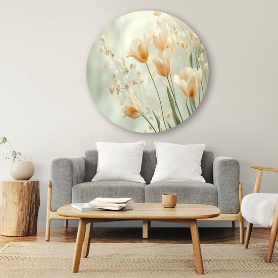 Zacht gekleurde tulpen en takjes - Bloemen wanddecoratie rond - Ronde wanddecoratie tulpen - Japandi - Schilderij forex - Wandkunst voor slaapkamers - muurcirkel forex 100x100 cm