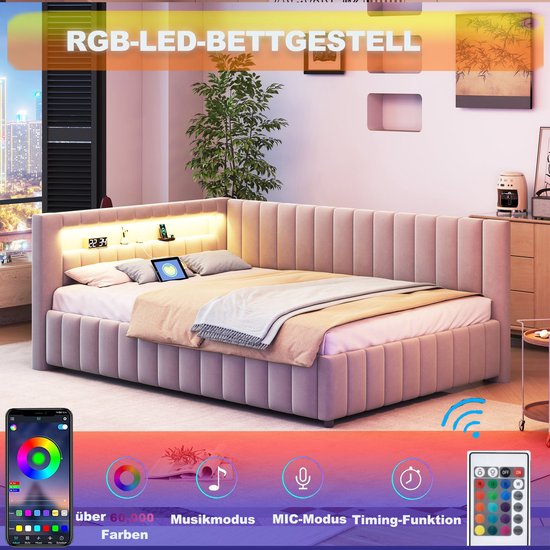 Gestoffeerd bed, slaapbank, 140 x 200 cm, bankbed met led en USB, L