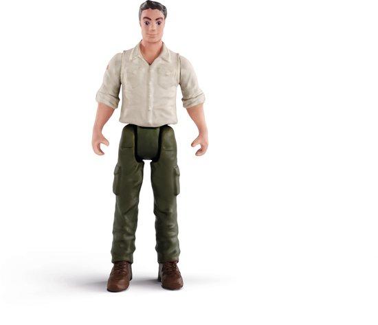 Een speelgoed figuur van een man met een lichtbruine blouse en groene cargobroek.
