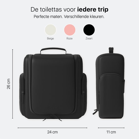 ONYX Toilettas Zwart - Make Up Tasje - Cosmetica Organizer - Interne Organizers - Beautycase & Make-Up Spiegel - Toiletzak Hangbaar met Haak - Dames en Heren - Maat: L