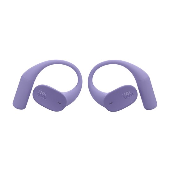 Paarse JBL Sense Lite oordopjes met oorhaken, van voren gezien.