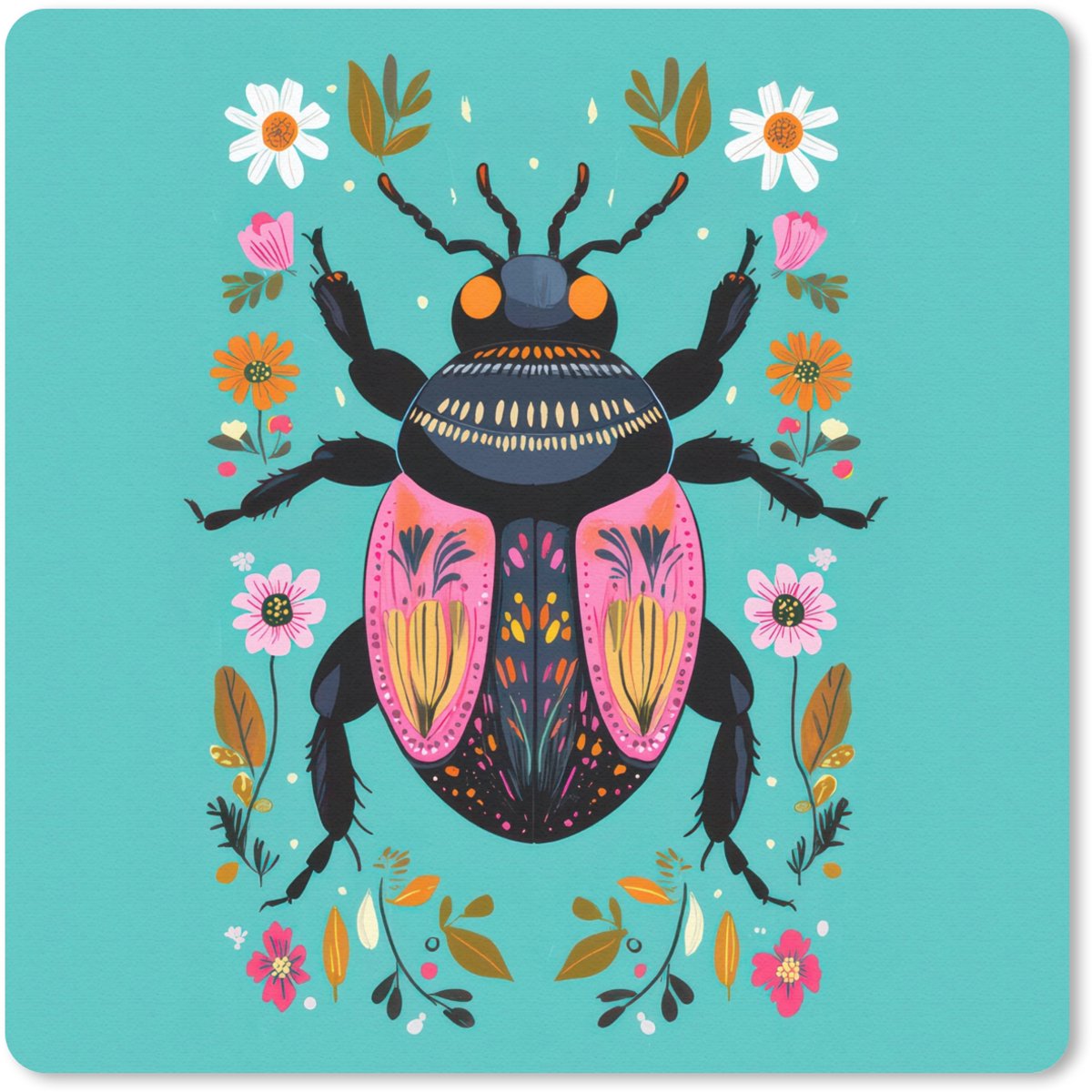 Muismat 30x30 cm - Mousepad Kever - Bloemmotieven - Turquoise - Bladeren - Muismatten