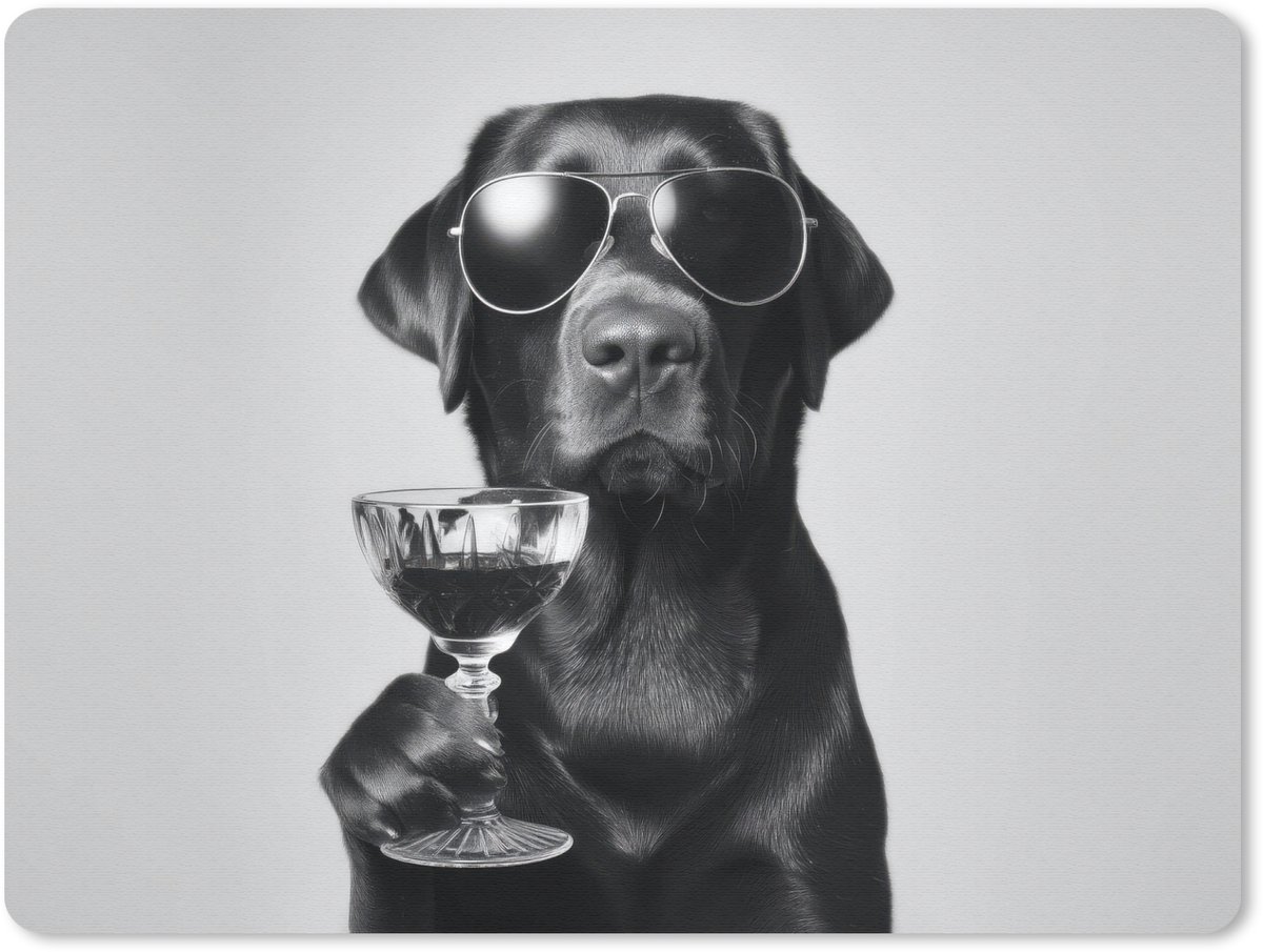 Muismat 23x19 cm - Mousepad Hond - Zwart - Wijnglas - Zonnebril - Muismatten