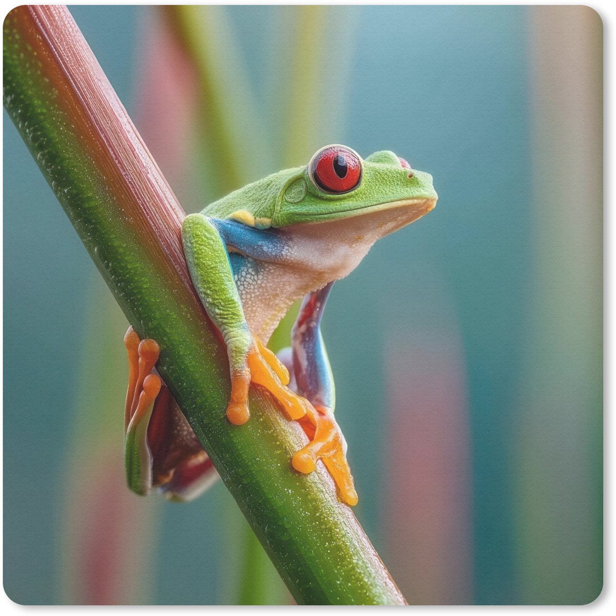 Muismat 30x30 cm - Mousepad Kleurrijke kikker - Groene stengel - Alert - Muismatten