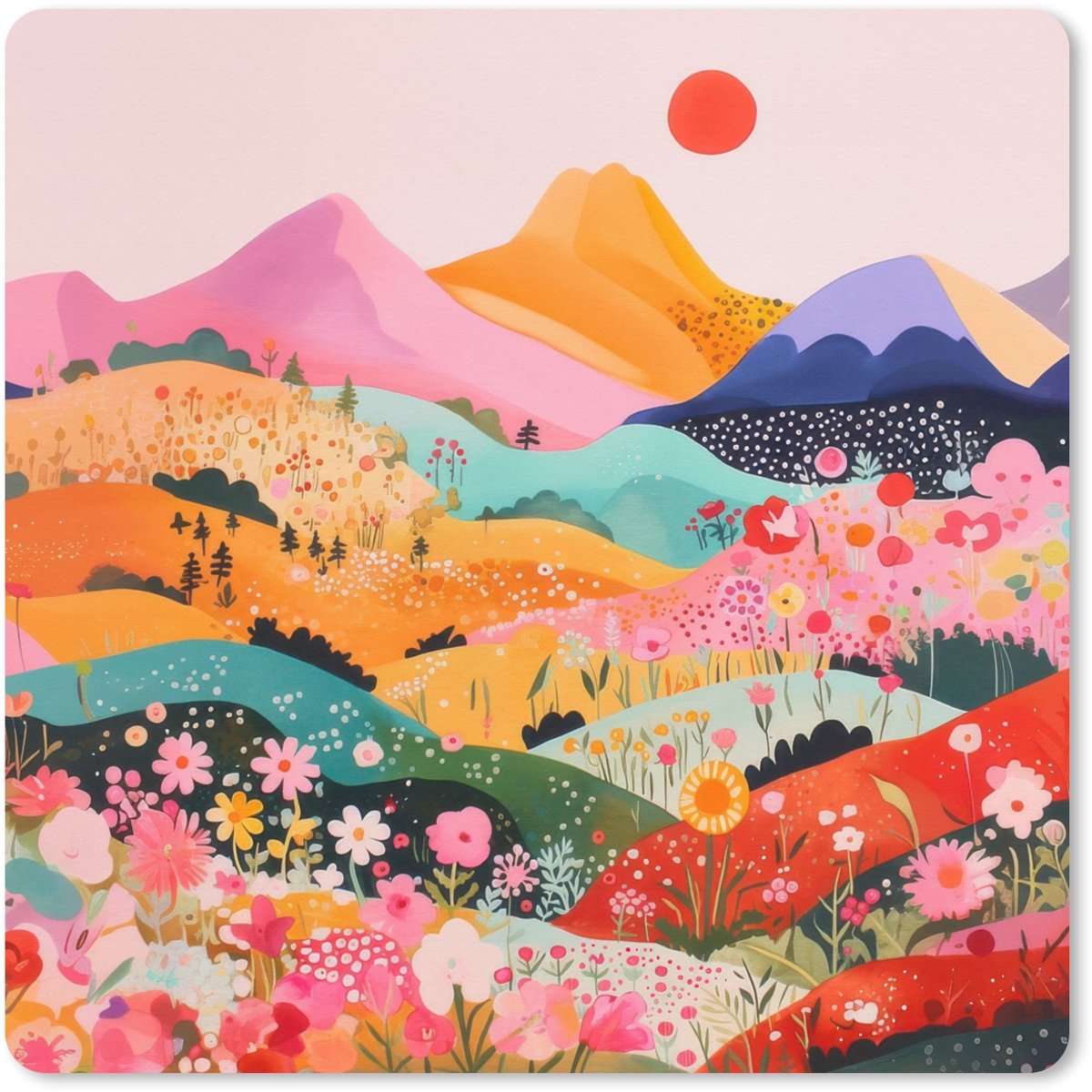 Muismat XXL 60x60 cm - Bureau onderlegger - Bureau mat Kleurrijke bloemen - Bergen - Fantasielandschap - Bureaumat - Gaming mousepad xl - Bureaulegger groot - Computer deskmat
