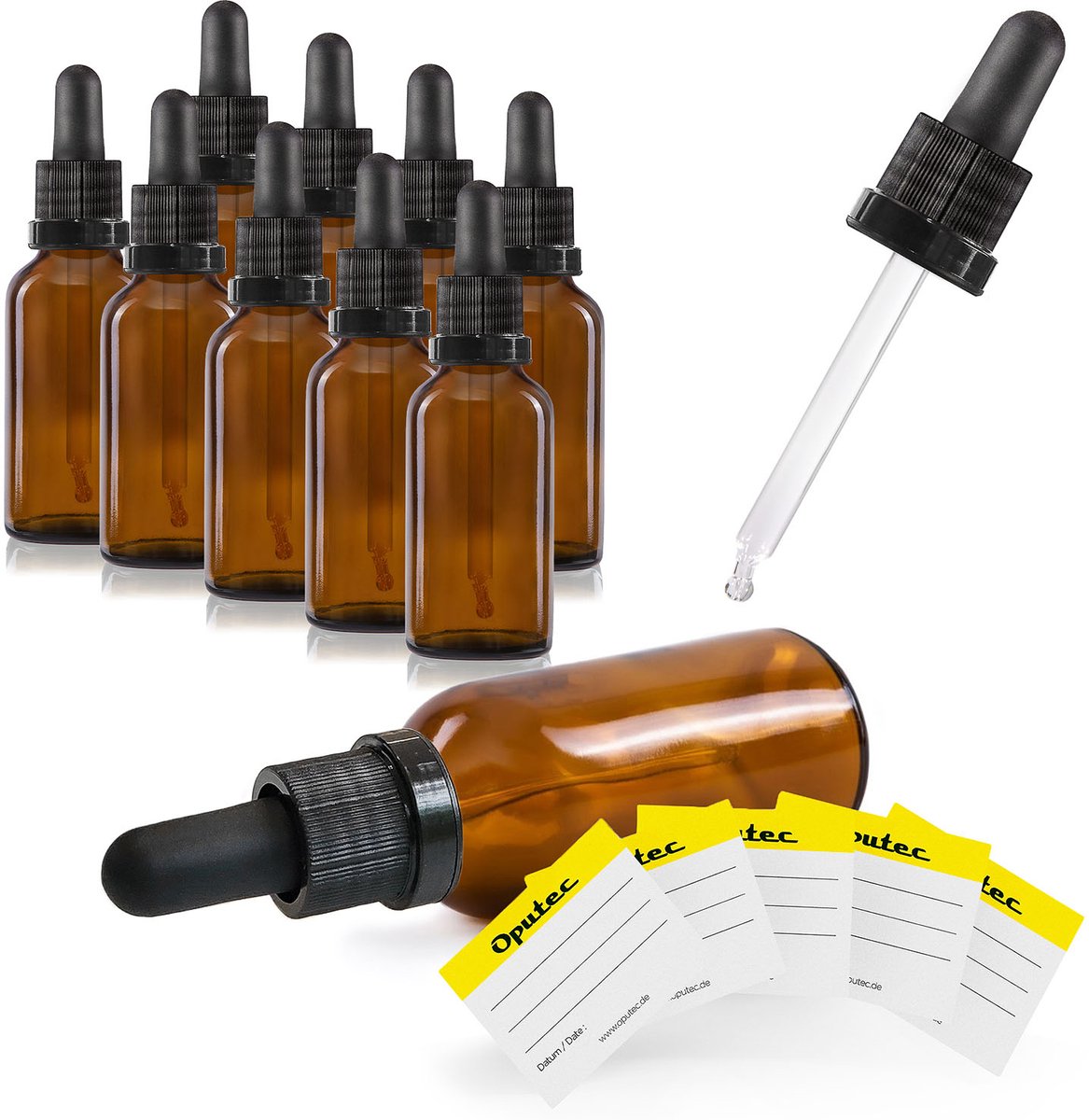 Oputec 10 x 30ml pipetfles bruin glas – doseerfles met glazen pipet + etiketten