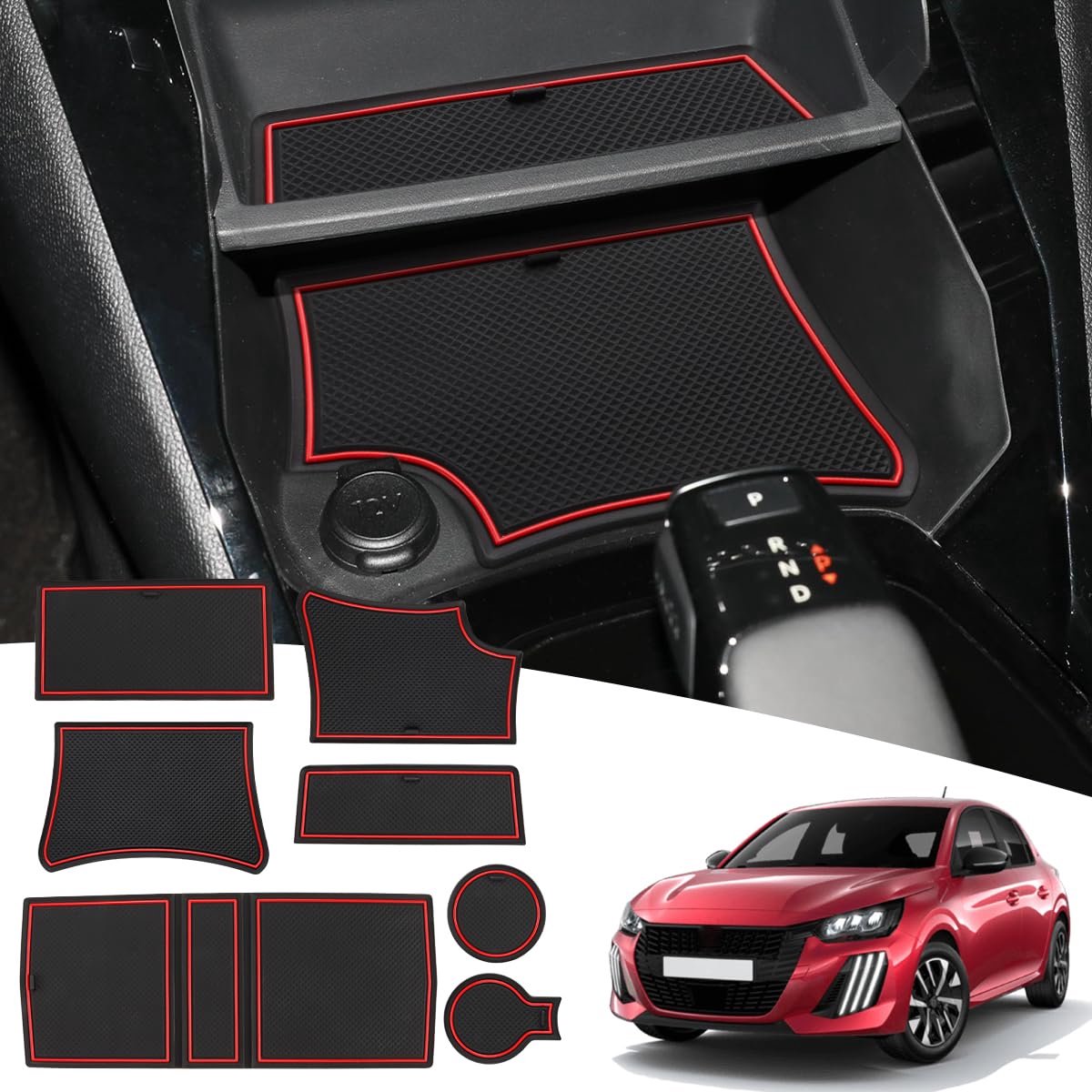 Rubberen Matten Set - Stofwerend en Antislip - Voor 208, 2008, E208, E2008 (2020-2025) - Voor Bekerhouders, Deurvakken en Armleuningvak - Rood