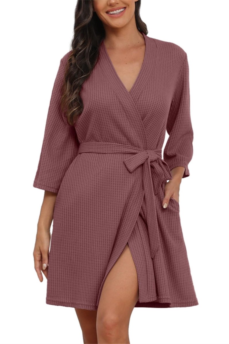 Korte Dames Morgenjas - Lichtgewicht Wafelstof - Met 3/4 Mouwen - Kimono Stijl - Voor Sauna, Reizen en Loungewear - Roestrood, XL