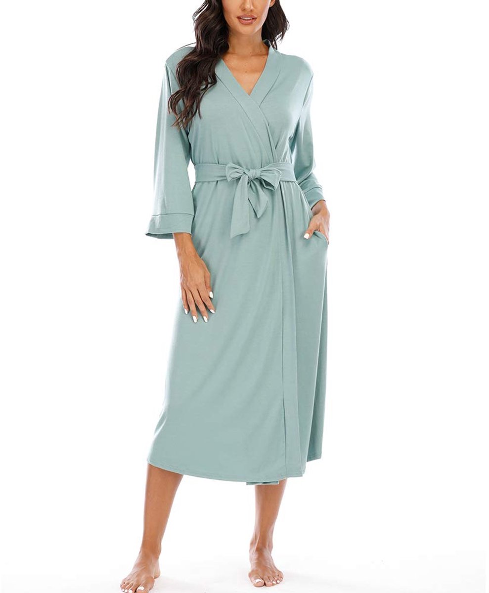 Dames Kimono Morgenmantel - Lichtgewicht met 3/4 mouwen en V-hals - Voor nachtkleding - Seladongroen, Maat M