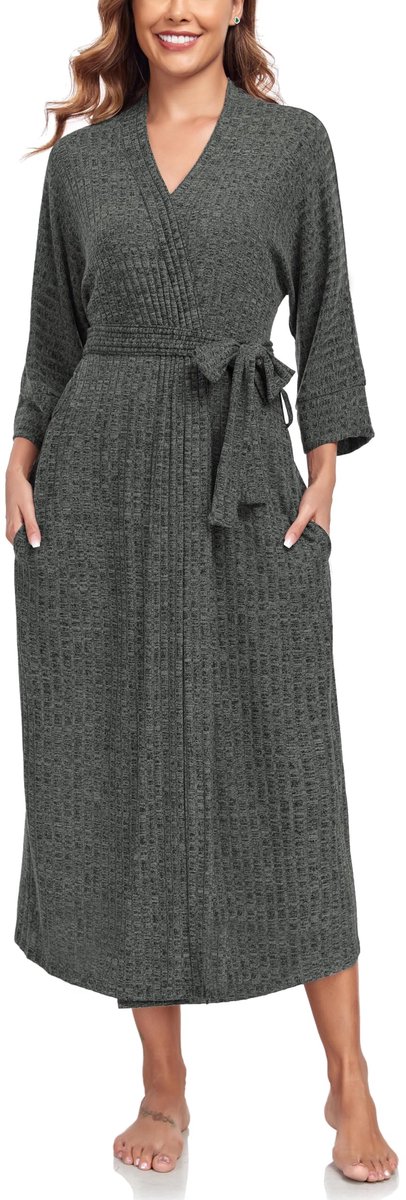 Dames Badjas Kimono - Lichtgewicht Dun Gebreid Lang - Voor Thuis en Sauna - Olijfgroen XL