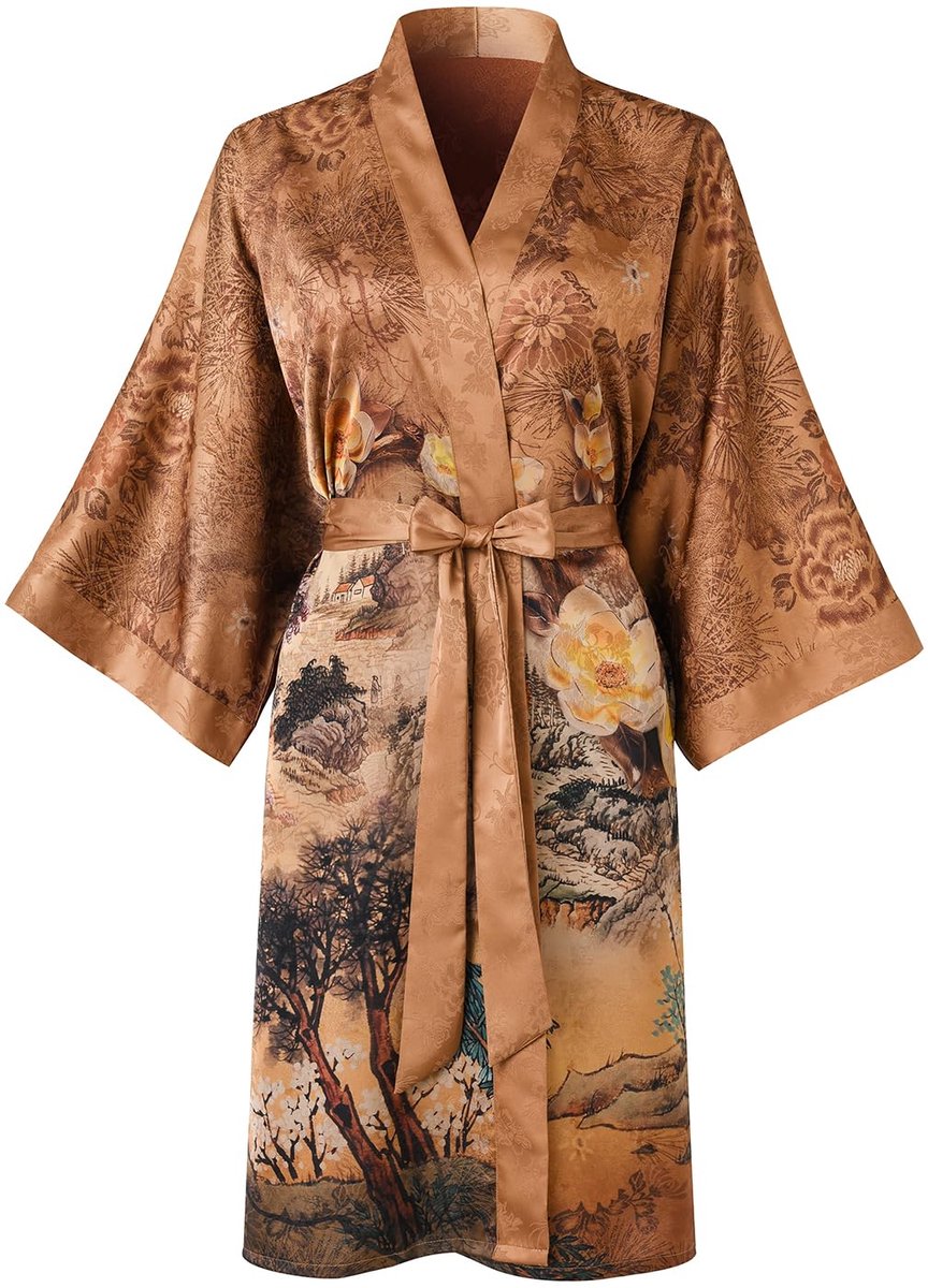 Korte Dames Kimono Robe - Met Klassiek Bloemenmotief - Als Badjas & Nachthemd - Champagnekleurig