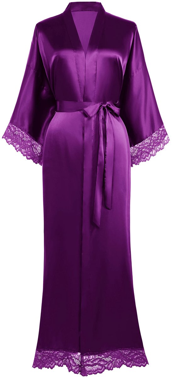 Dames Satijnen Kimono Robe - Lang - Met Kanten Mouwen - Voor Thuis & Loungen - Donkerpaars